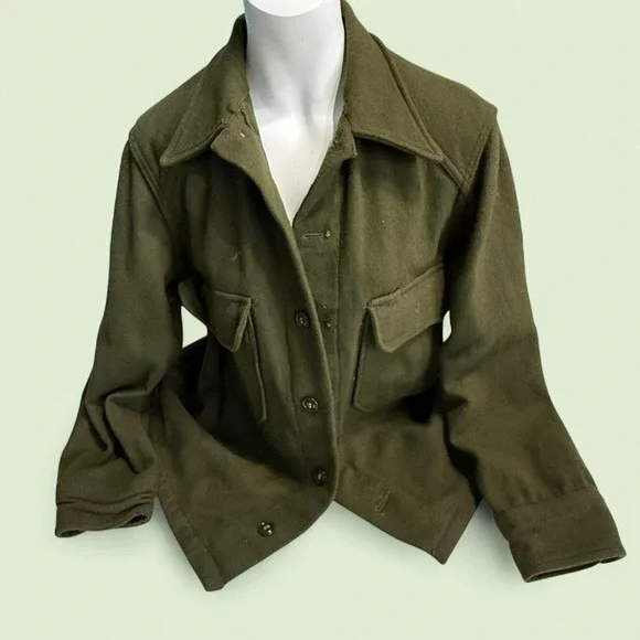 Vintage Olive Wool Field Jacket1950s Military WorkwearBoxy Utility Coat